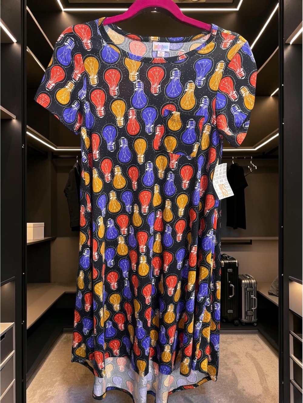 LuLaRoe Carly Dress XS NWT Light Bulb Print Black Colorful Hi Low Swing Dress